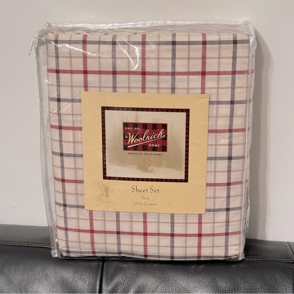 New| Woolrich Twin Size Sheet Set | Cotton Tan Red Black Plaid